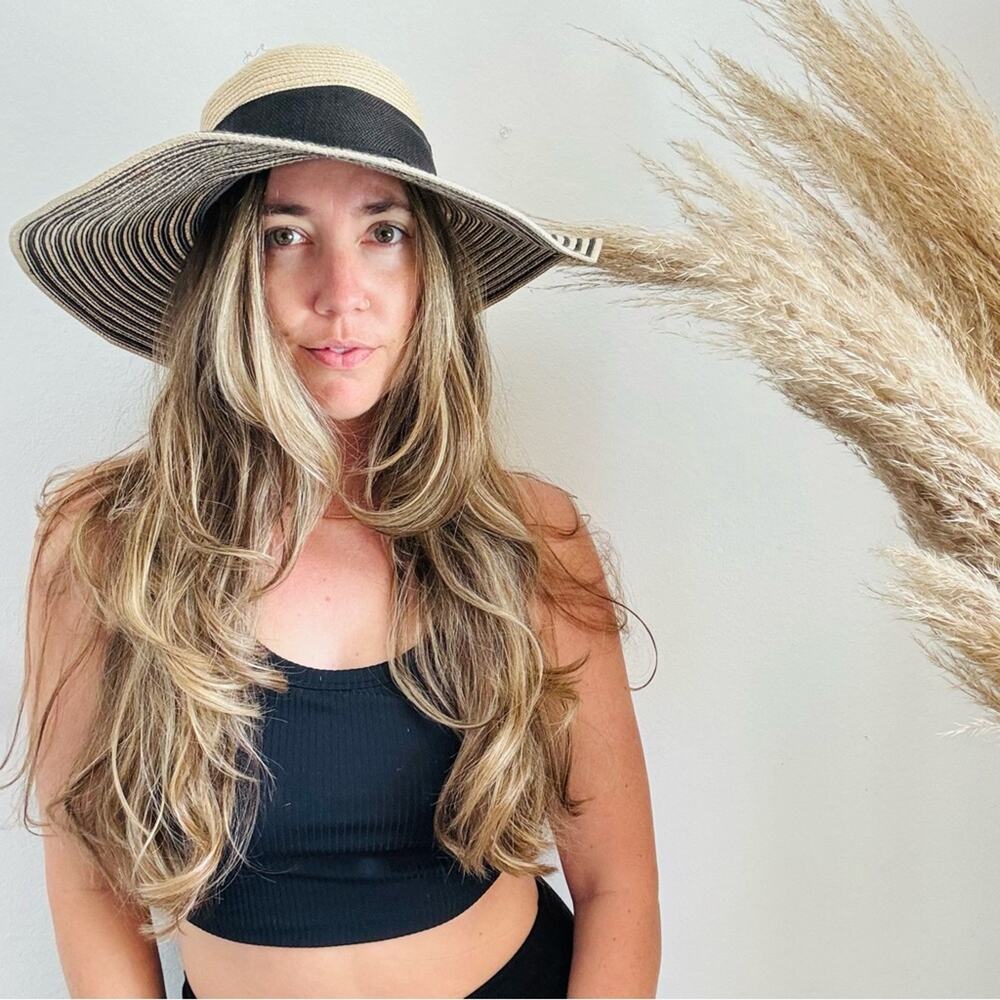 VINTAGE NORDSTROM Cream Tan Straw Wide Brim Floppy Black Bow Ribbon Sun Hat - Picture 4 of 9